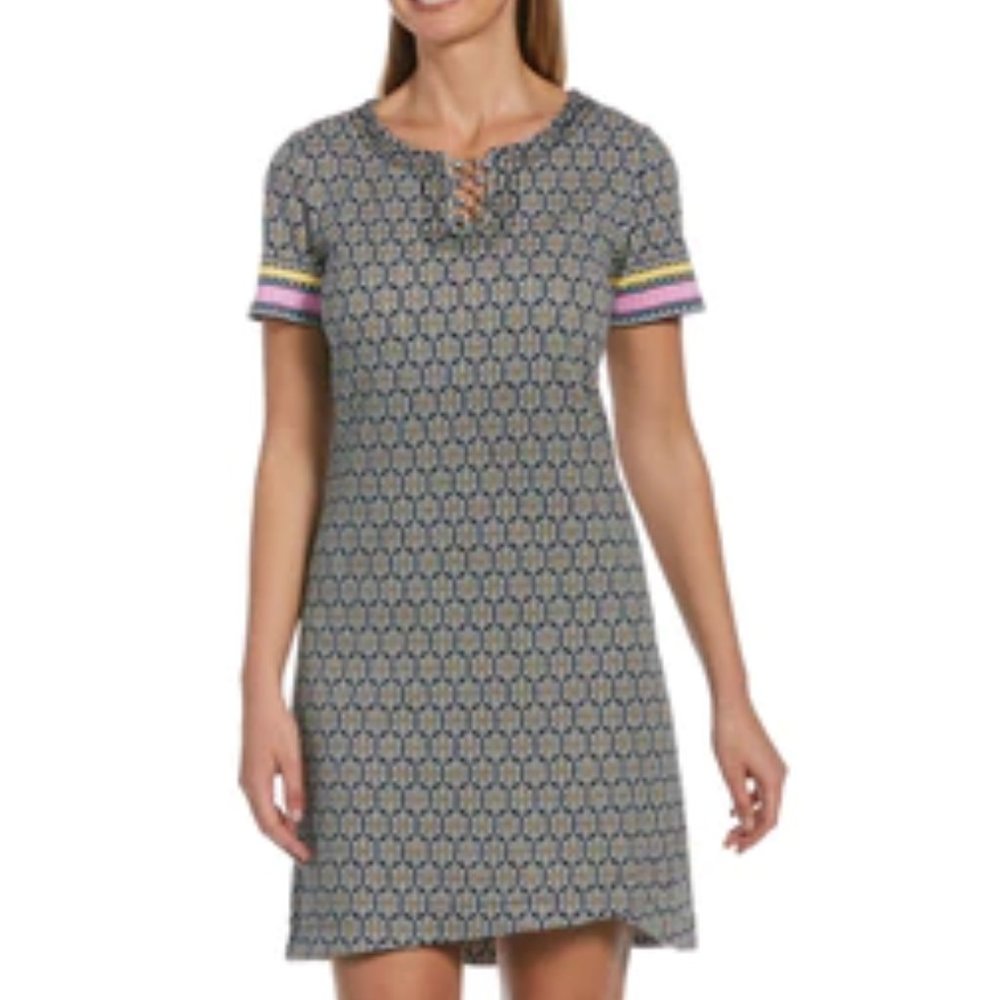 NWT Rafaella Ikat Rib Cotton Knit Above-Knee Dress Gold Rings Trim Sz XL